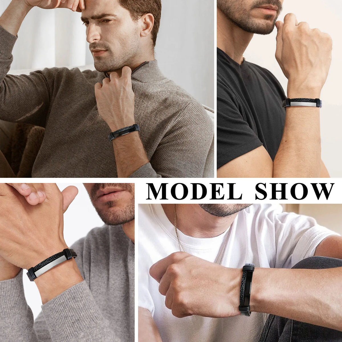 Genuine Leather Bracelet for Adult, Hip Hop Stainless Steel Charm Leather Wrap Bracelet, Wristband Hand Jewelry Gift