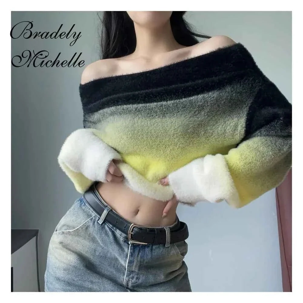Women’s Retro Gradient Off-Shoulder Sweater