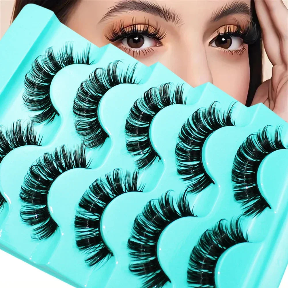 5 Pairs Lashes DD Curl Russian Lashes 3D Faux Mink Eyelashes Reusable Fluffy Russian Strip Lashes Eyelash Extension