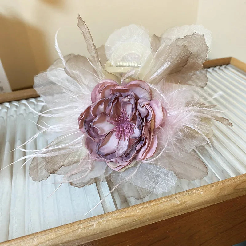 Pink Flower Hair Claws for Women Fashion Sweet Big Hairpin Temperament Grab Clip Lace Hair Accessories Gifts