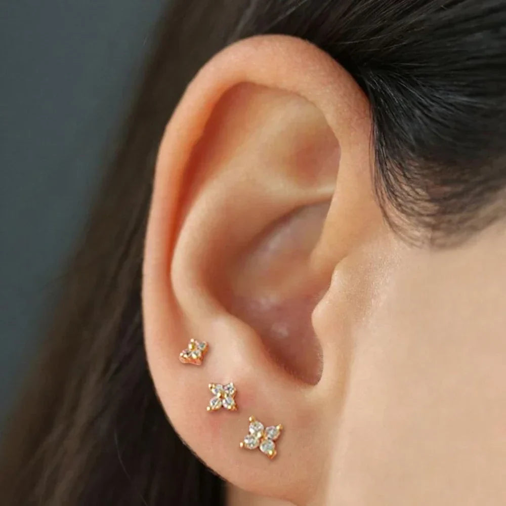 Dainty Flower Stainless Steel Stud Earrings for Women Piercing Cartilage Ear Ring Cute Zircon Gold Color Clover Jewelry Gift