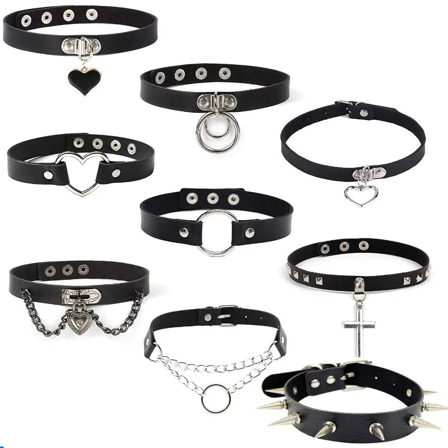 Pink Harajuku Gothic Spike Rivet Star Necklaces Collares Hip Hop Rock Black Bowknot PU Lace Leather Sexy Y2K Girl Choker Jewelry