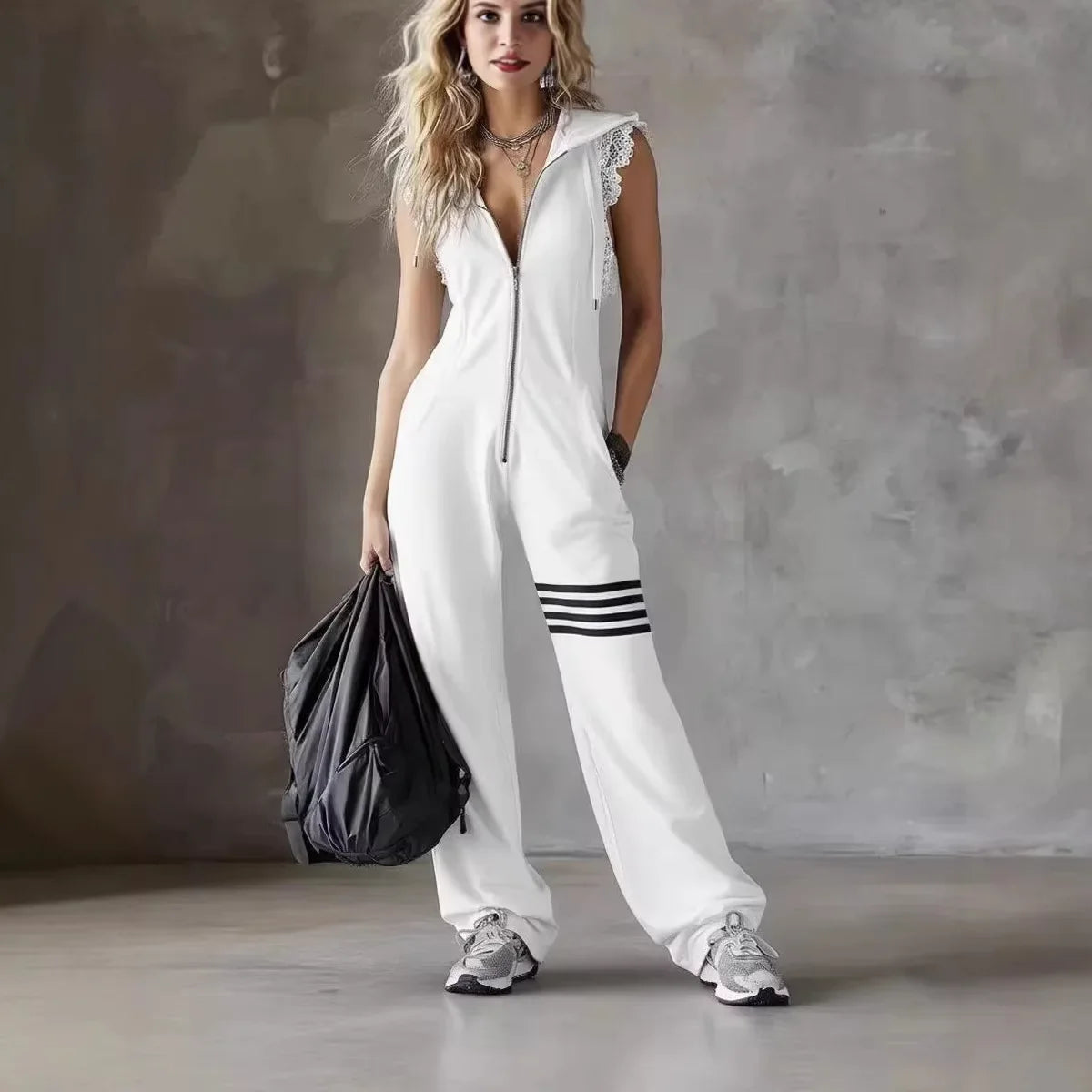 Women’s Retro Stripe Hooded Lace Jumpsuit