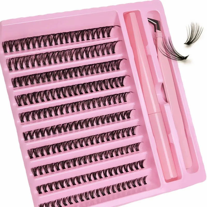 DIY D Curl False Lash Cluster Set 200Pcs with Bond & Tweezers Daily Casual Evening Cosplay Quick Eye Cosmetics
