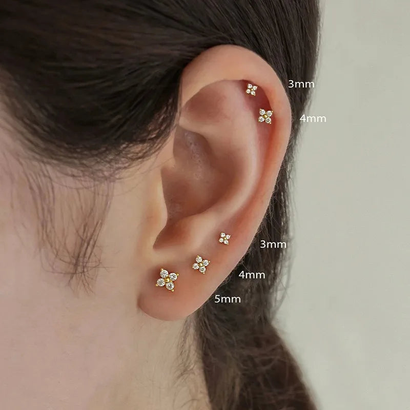 2/3Pcs Dainty CZ Flower Stud Earrings For Women, 18K Gold Plated Tiny Small Cute Cartilage Helix Tragus Ear Piercing Jewelry