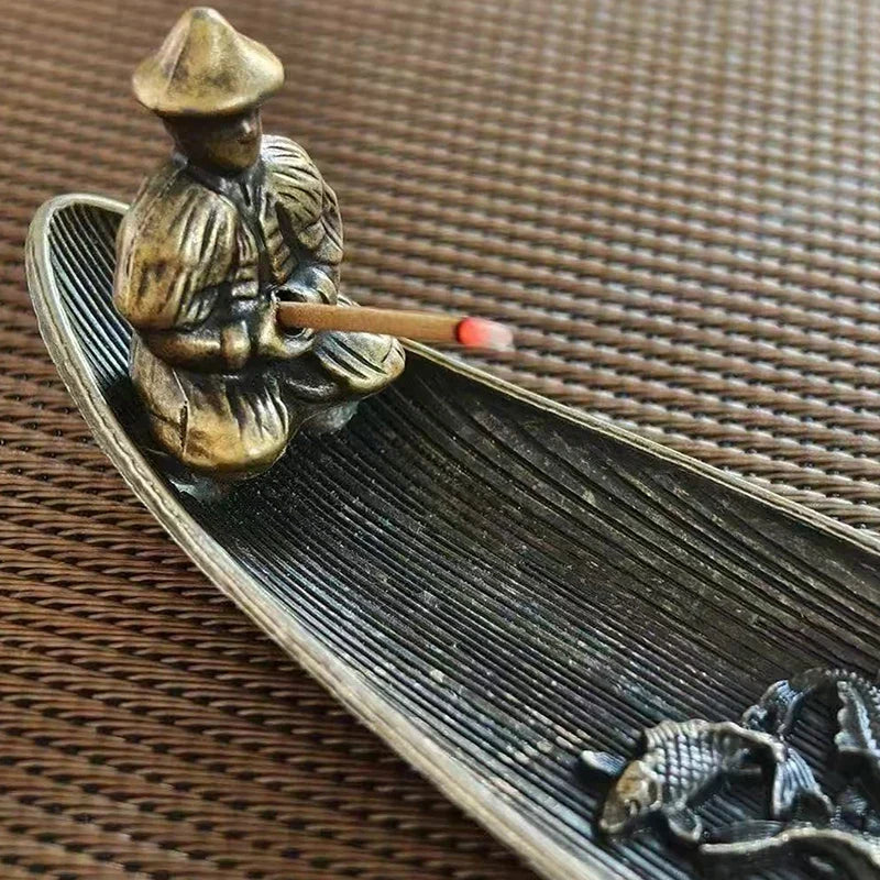 Fishing Old Man Boat Incense Burner | Metal Sandalwood Incense Holder for Home