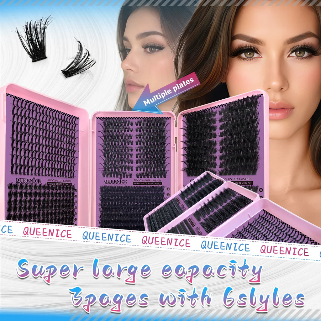 QUEENICE Three Fold Updated New DIY False Eyelash Extension 6 Mixed Styles Fluffy Voluminous Cat eye Spiky lash extensions