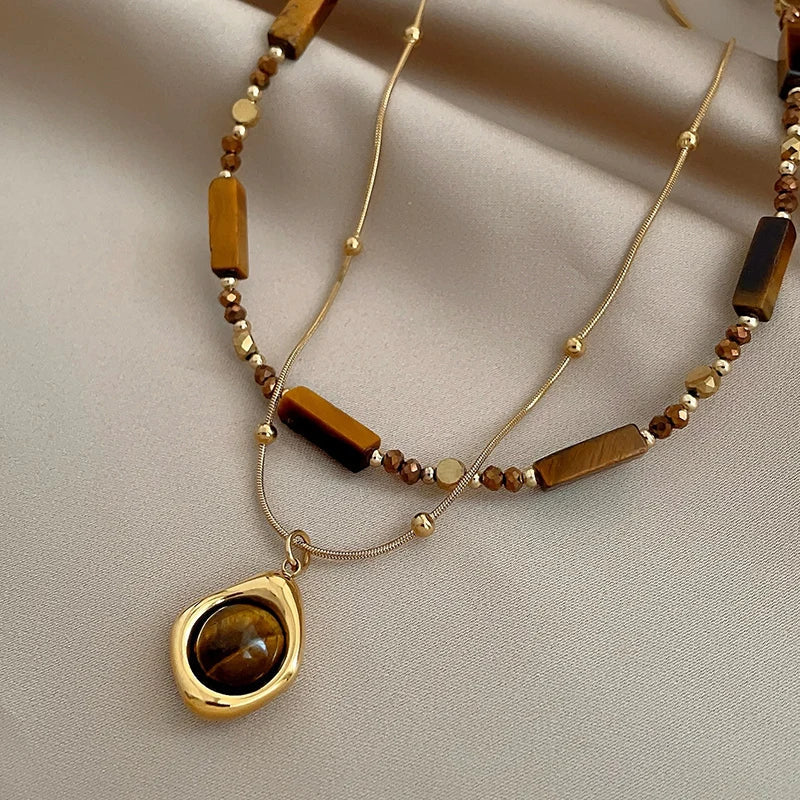 Retro Temperament Layered Tiger Eye Stone Pendant Necklace For Women Stainless Steel Double-Layer Collarbone Chain Sets Jewelry