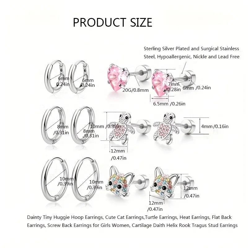 1/6 Pairs Hypoallergenic Screw Back Earrings, Flat Back Earrings Hoops Cat Turtle Cartilage Helix Tragus Piercing Jewelry