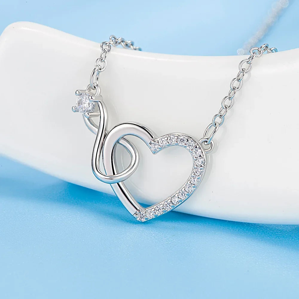 925 Sterling Silver Zircon Heart Interlocking Necklace | Retro Chain for Women