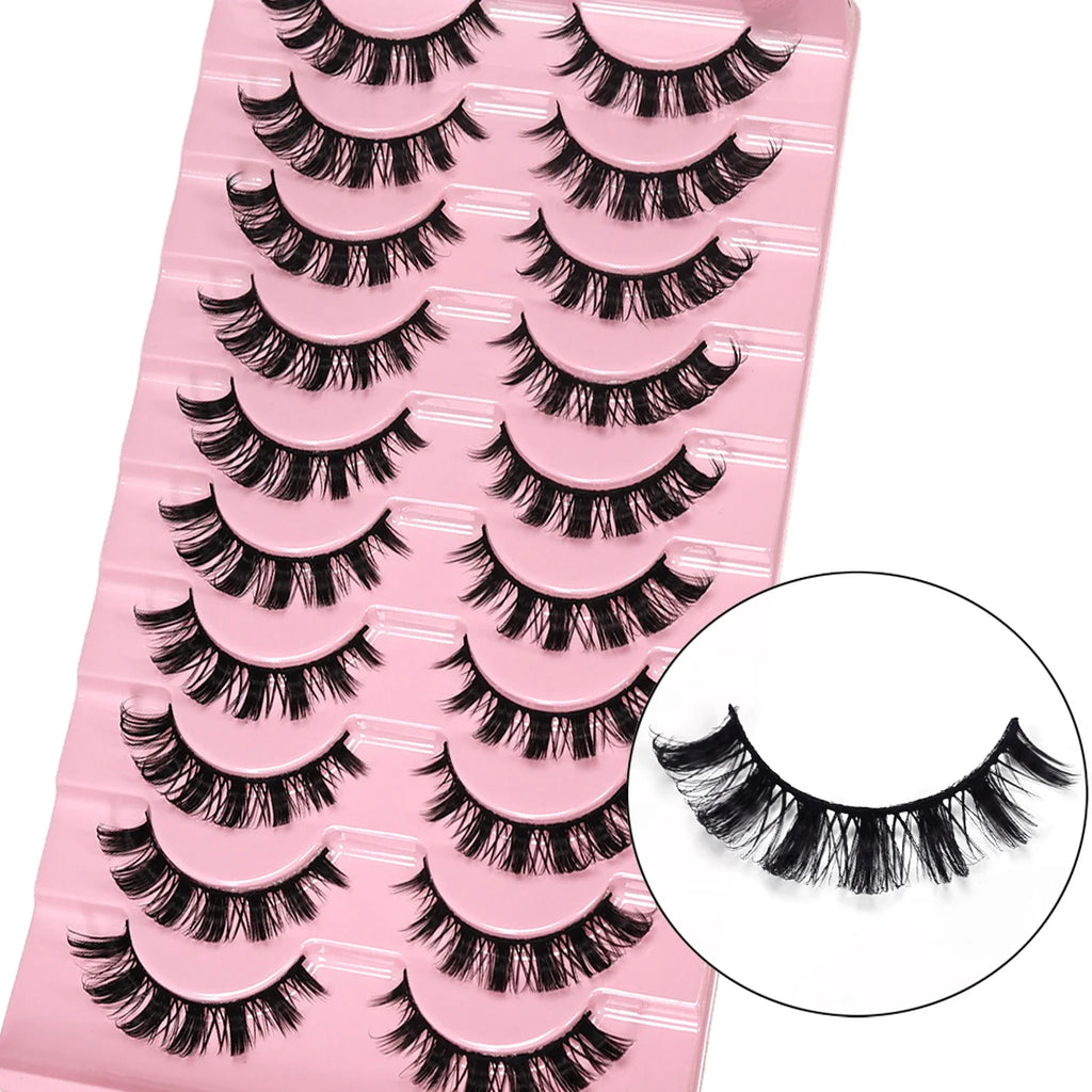 10 Pairs Messy Fluffy Russian False Eyelashes DD Deep Curl Hybrid Faux Mink Volume Strip Lashes for Casual Selfie Look