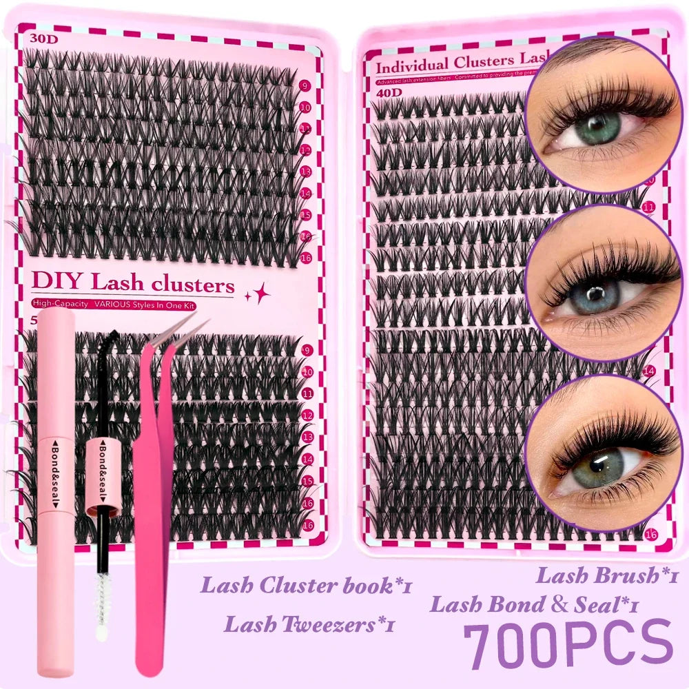 700PCS-30D/40D/50D 80D DIY Eyelash Extension Kit Mixed Length 9-16mm, D-Curl Eyelashes for DIY and Various Festive Celebrations