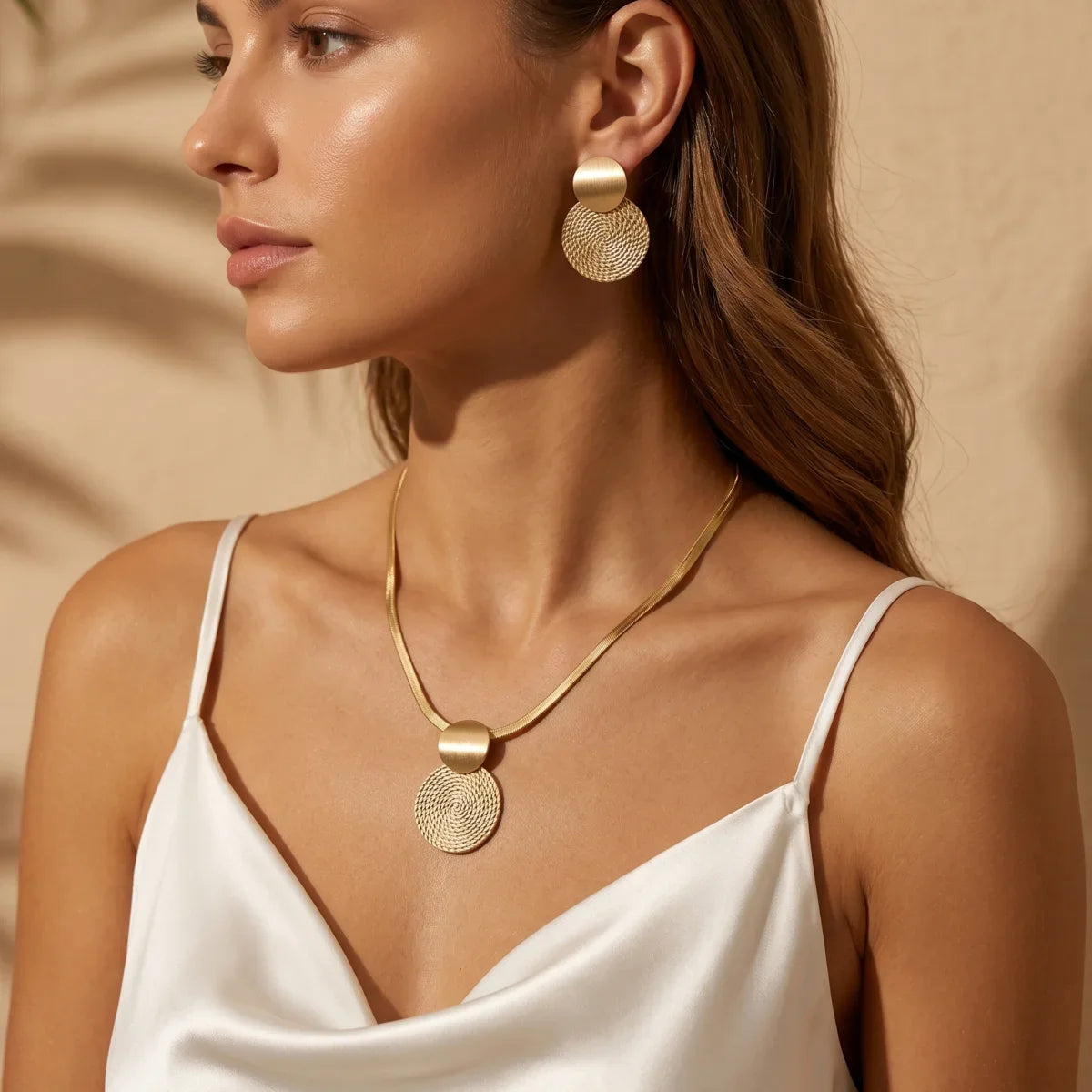 Minimalist Gold Color Herringbone Choker & Earring Set Brushed Textured Double Disc Jewelry Set For Women Daily Office Wear