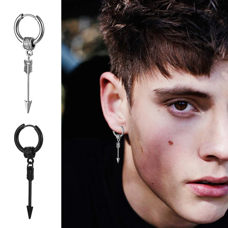 Black Arrow Punk Stainless Steel Stud Earrings | Unisex Gothic Ear Clip Set