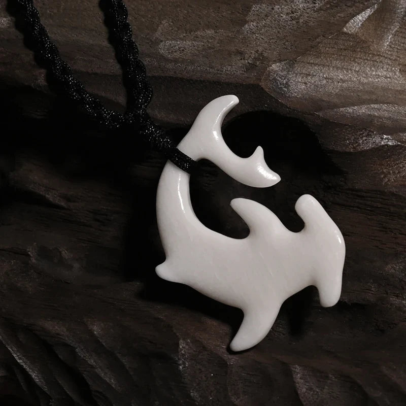 Tribal Hammerhead Shark Bone Pendant Necklace | Hand Carved Maori Amulet Jewelry