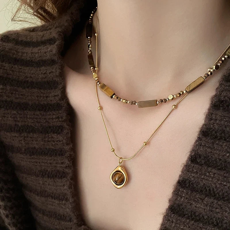 Retro Temperament Layered Tiger Eye Stone Pendant Necklace For Women Stainless Steel Double-Layer Collarbone Chain Sets Jewelry