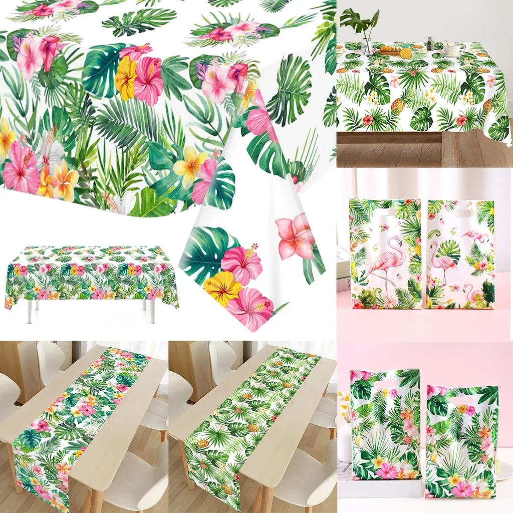 Tropical Hawaiian Party Tablecloth and Candy Bags Set | Flamingo Summer Decor
