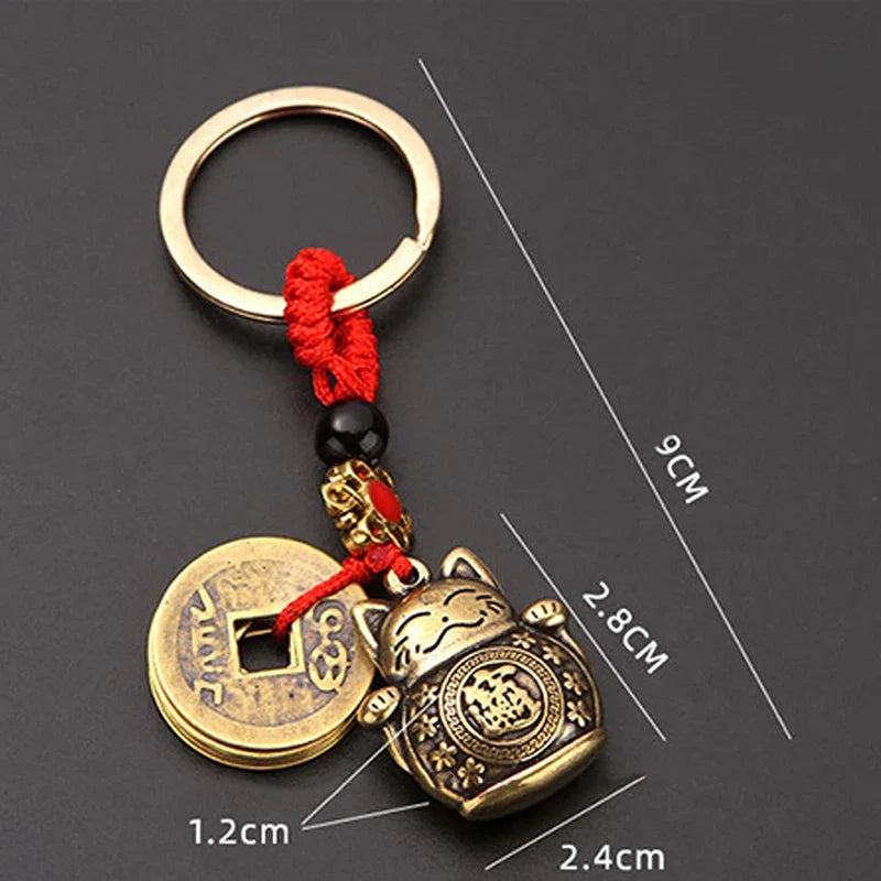 Handmade Brass Feng Shui Coins Keychain | Lucky Cat Car Keychain with Five Emperors Money