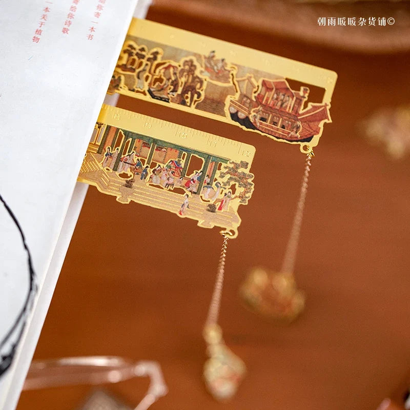 Chaoyu Ancient Style Famous Paintings Metal Bookmark Classical Chinese Style Book Page Clip Ruler High-End Exquisite Cultural and Creative Gift Practical
