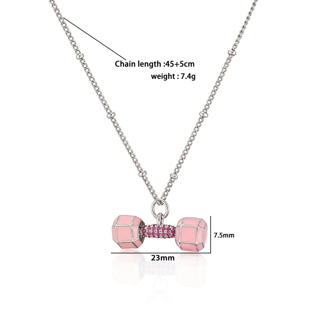 Small Dumbbell Pink Zirconia Charm Pendant Necklace Delicate Sweet Women's Jewelry Necklace, Enameled Gold-Plated Brass Jewelry