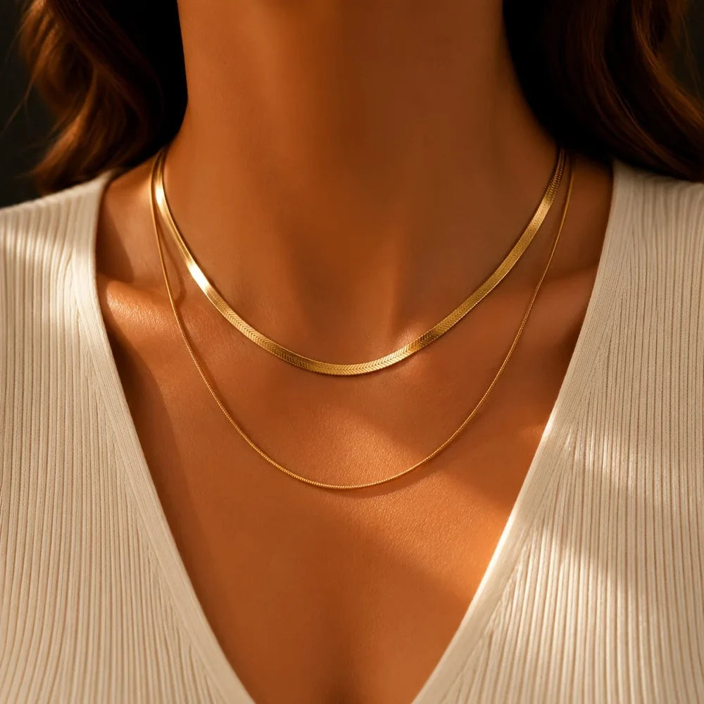 2-Piece Set of Snake Bone Chains, Simple and Stylish Casual 304L Stainless Steel Double-Layered Necklaces, Unisex, Fashionable and Elegant, Comfortable and Versatile