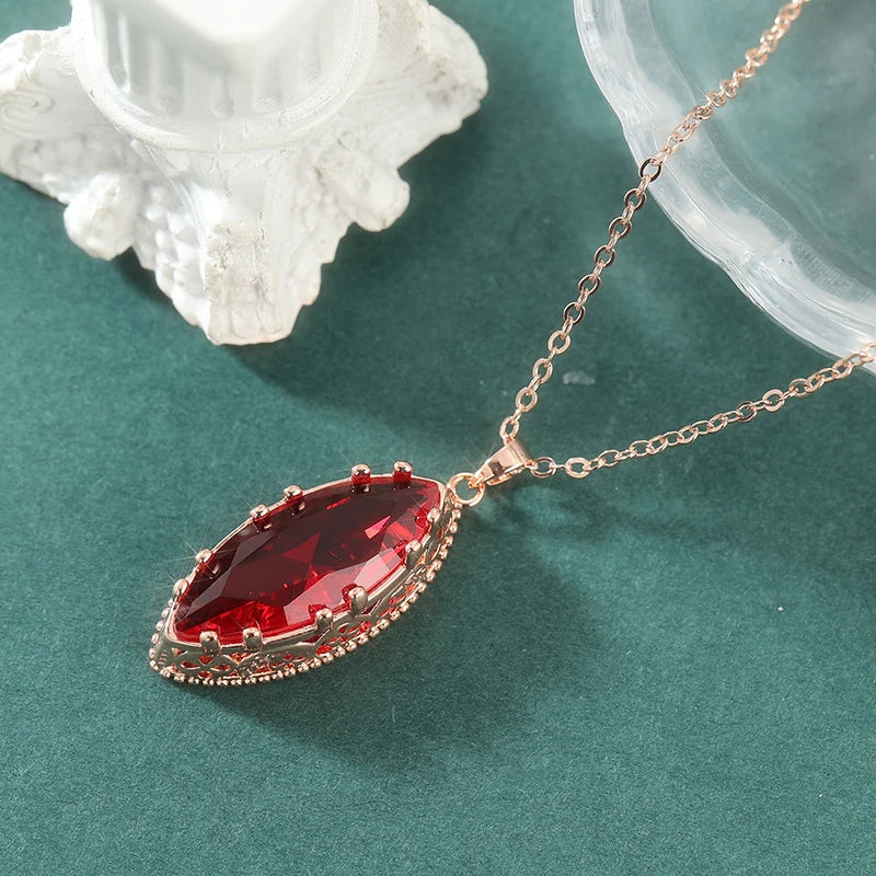Elegant Luxury Inlaid Red Synthetic Zirconia Rose Golden Pendant Necklace for Women Fashion Romantic Banquet Anniversary Jewelry