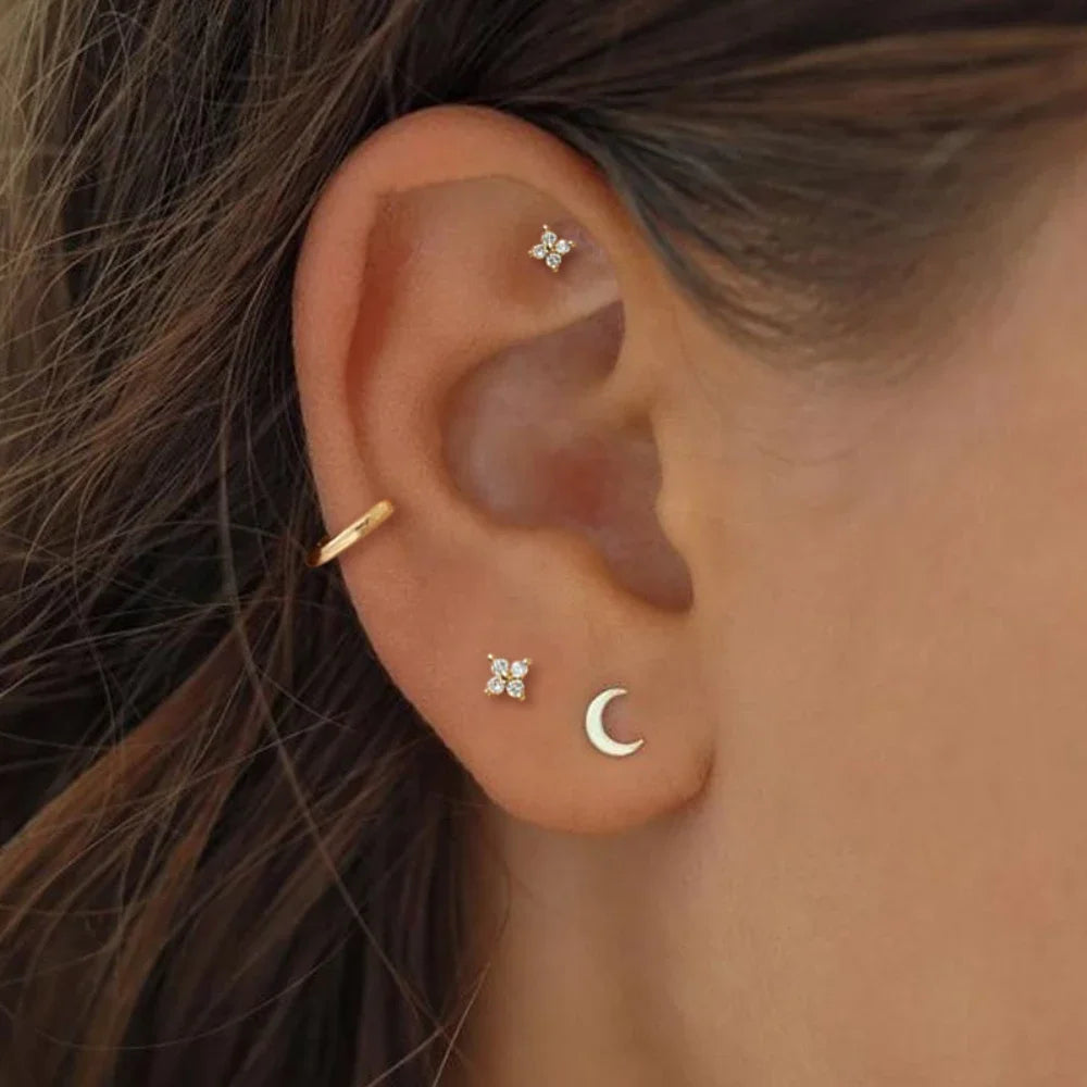 Dainty Flower Stainless Steel Stud Earrings for Women Piercing Cartilage Ear Ring Cute Zircon Gold Color Clover Jewelry Gift