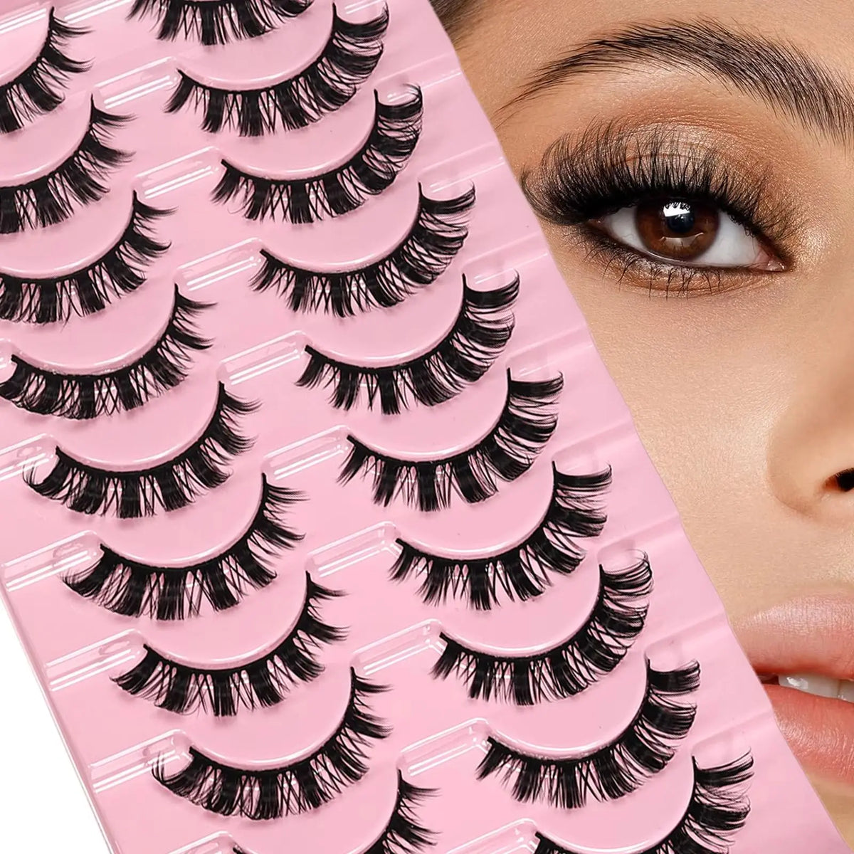 10 Pairs Messy Fluffy Russian False Eyelashes DD Deep Curl Hybrid Faux Mink Volume Strip Lashes for Casual Selfie Look