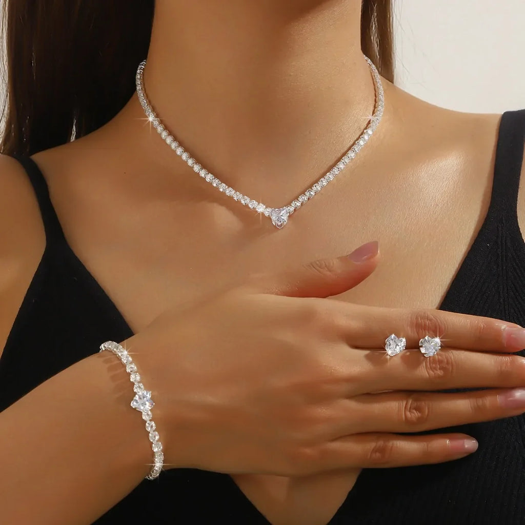Ladies' Fashion, Heart-Shaped Crystal Zircon Earrings, Necklace Set, Bride'S Wedding Dress, Jewelry And Accessories