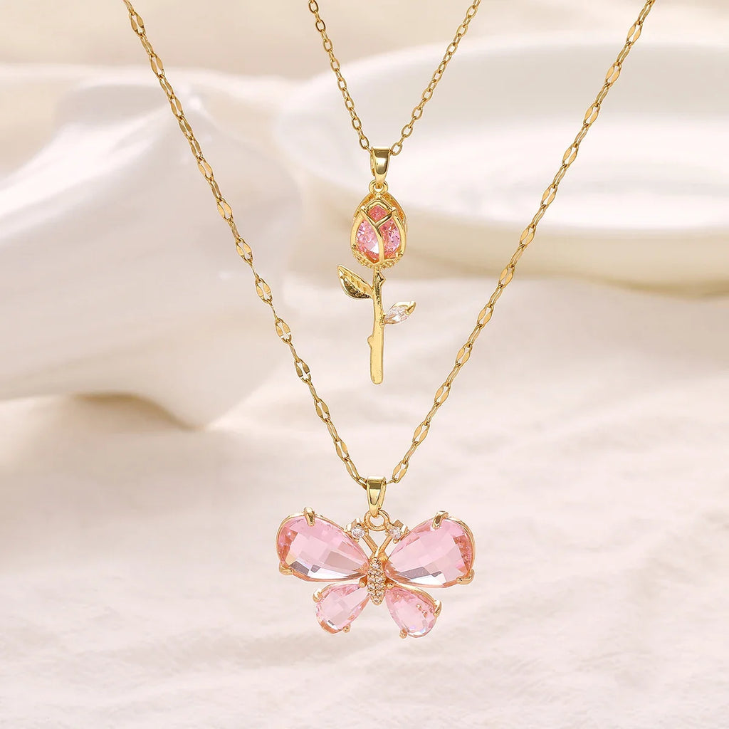 Elegant Pink Crystal Butterfly Necklace for Women High-End Zircon Flower Pendant Fashionable Jewelry Gift