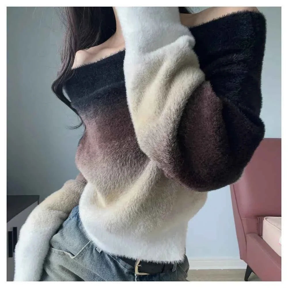 Women’s Retro Gradient Off-Shoulder Sweater