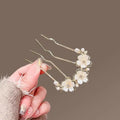 〔YS1〕Elegant Pearl Flower Hair Combs Pins French Retro Bun Hair Accessories Women Daily U-shaped Hairpin Female Alloy Hair Clasp