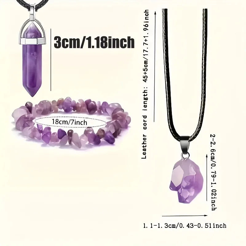 3Pcs Natural Amethyst Jewelry Set Irregular Chip Bracelet Raw Crystal Pendant Hexagonal Point Necklace Healing Spiritual Gift