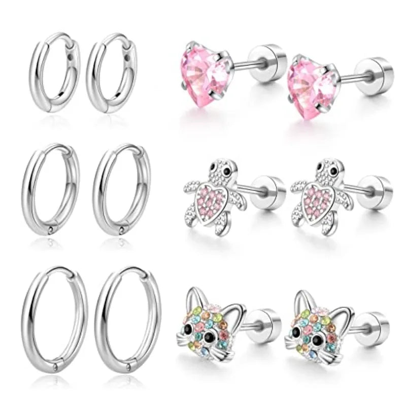 1/6 Pairs Hypoallergenic Screw Back Earrings, Flat Back Earrings Hoops Cat Turtle Cartilage Helix Tragus Piercing Jewelry