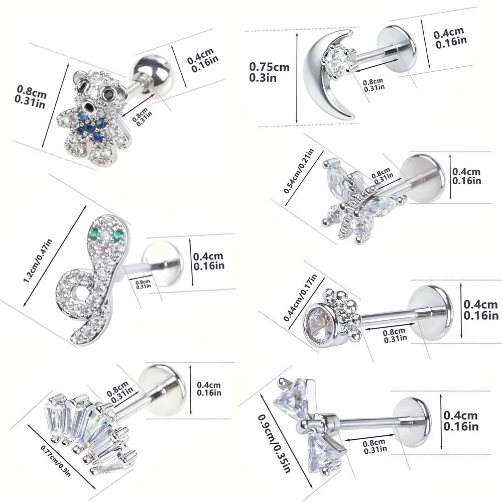 Stainless Steel Ear Studs - Micro Paved Zirconia Cartilage Earrings, Delicate Minimalist Piercing Jewelry for Women