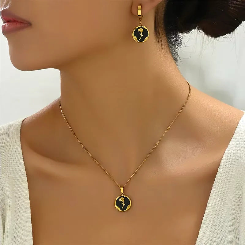 Fashion Gold Plated Jewelry Set - Black Enamel Rose Pendant Necklace and Earrings, Minimalist Style Women's Daily Wear