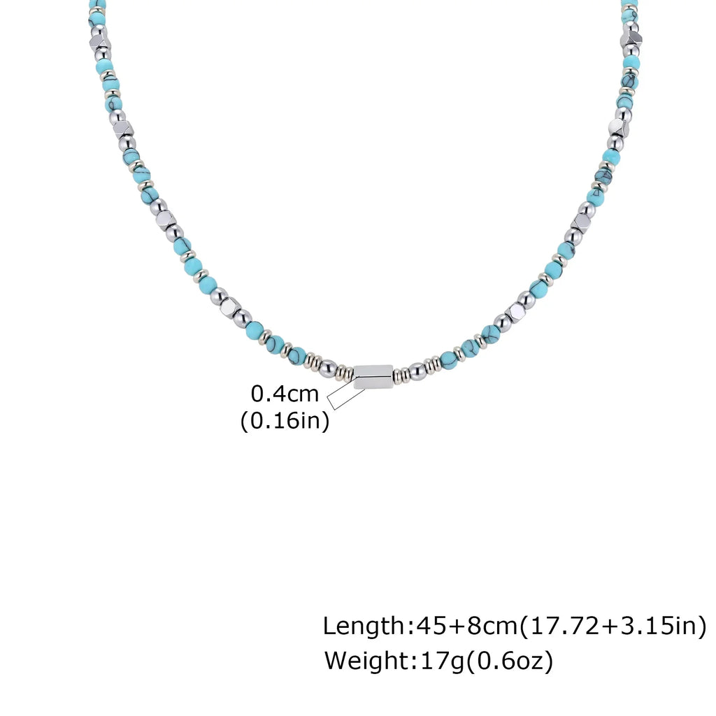 Trendy Men's Natural Stone Beaded Necklace | Classic Stainless Steel Metal Bead Choker