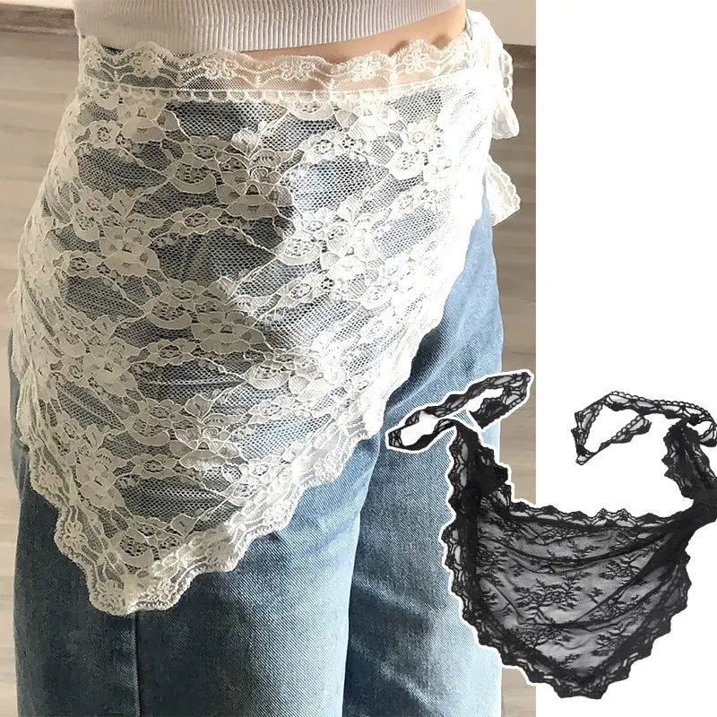 Y2K Women Lace Flower Elegant Skirt Stacked Belt Flower Sweet Triangle Scarf Breathable Travel Photo Headband Turban Accessories
