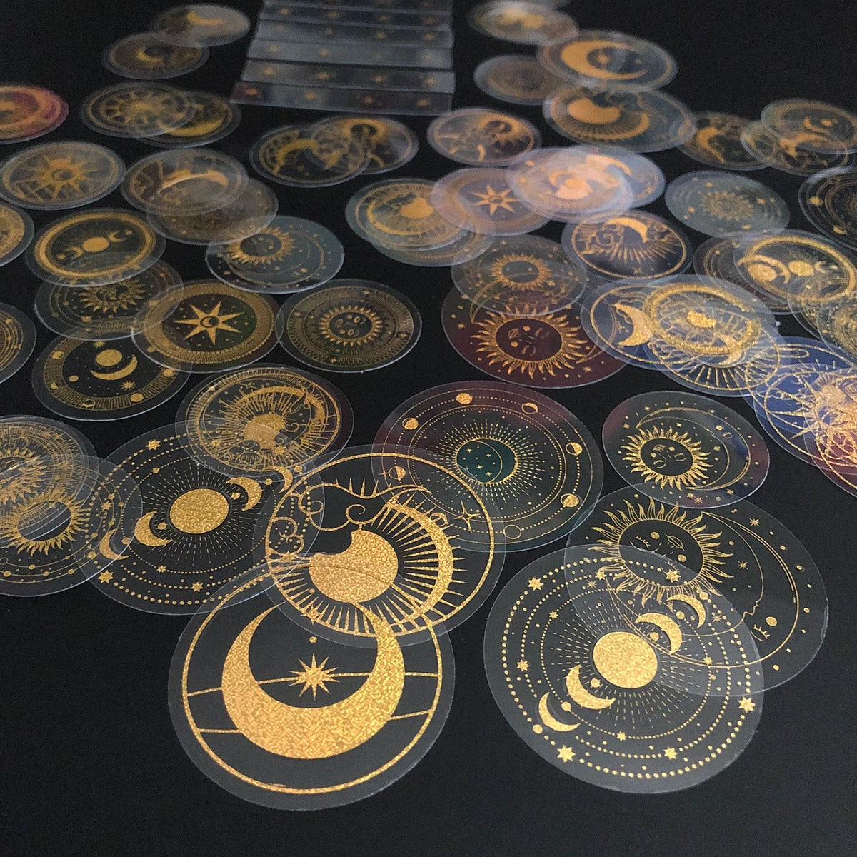 70 pcs Glitter Gold PET Adhesive Stickers | Waterproof Transparent Label Set