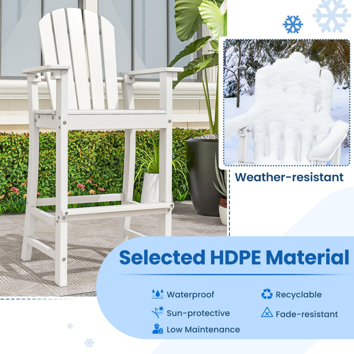 Set of 2 Counter Height Outdoor HDPE Bar Stool with Armrests and Footrest