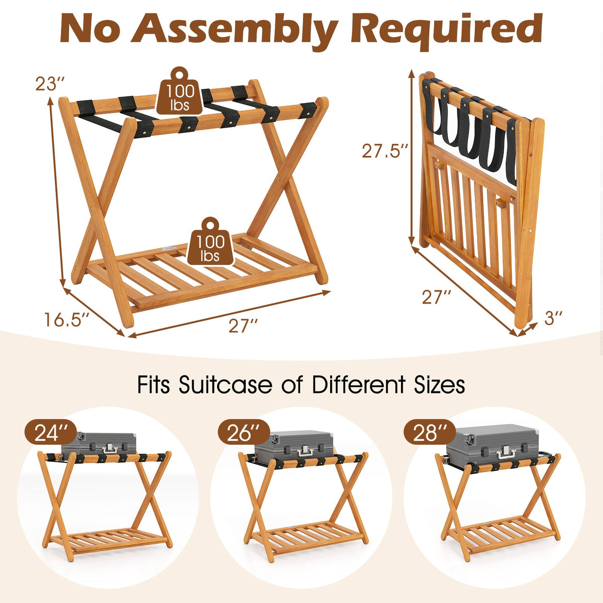Set of 2 Folding Luggage Racks with 5 Nylon Straps and Slatted Storage Shelf
