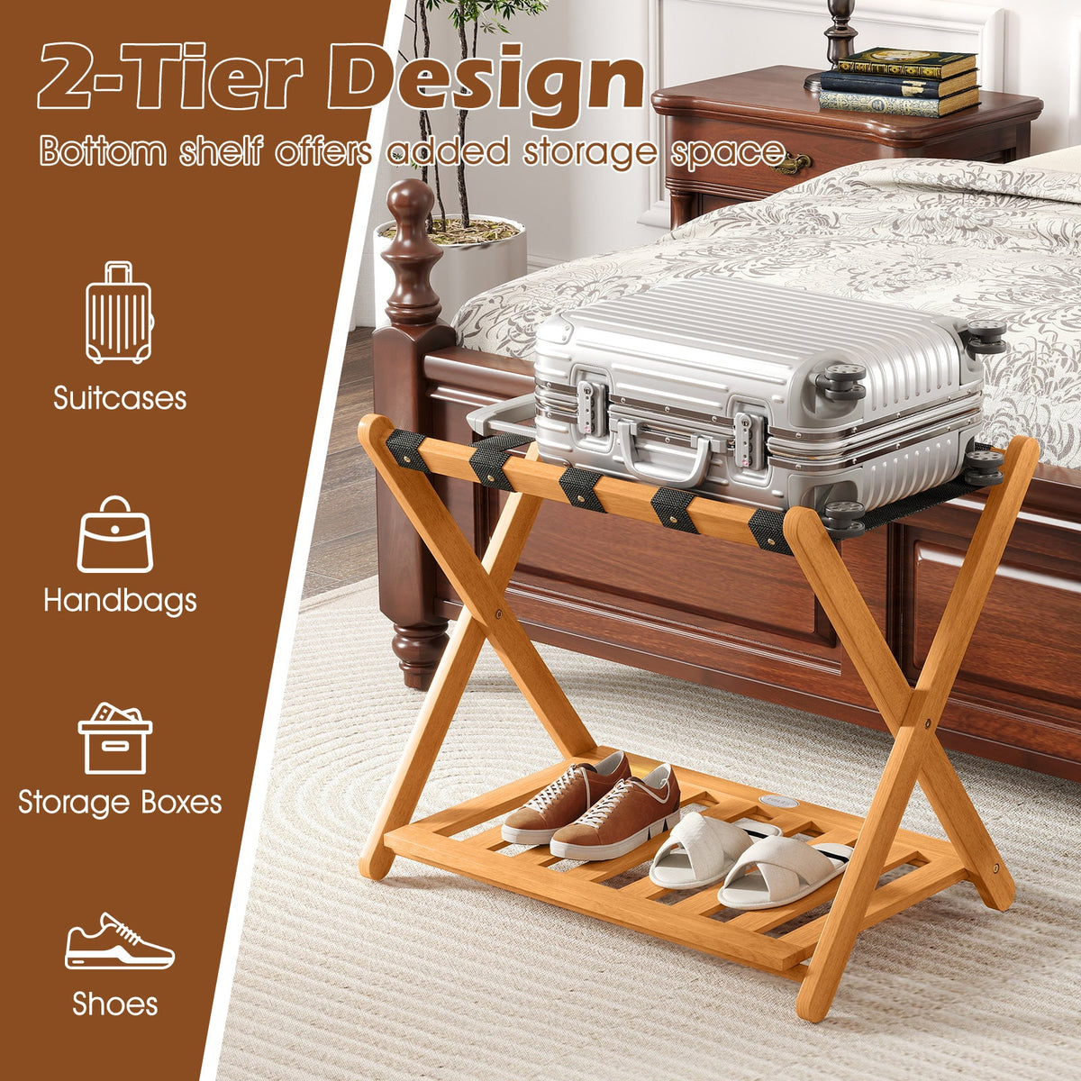Set of 2 Folding Luggage Racks with 5 Nylon Straps and Slatted Storage Shelf