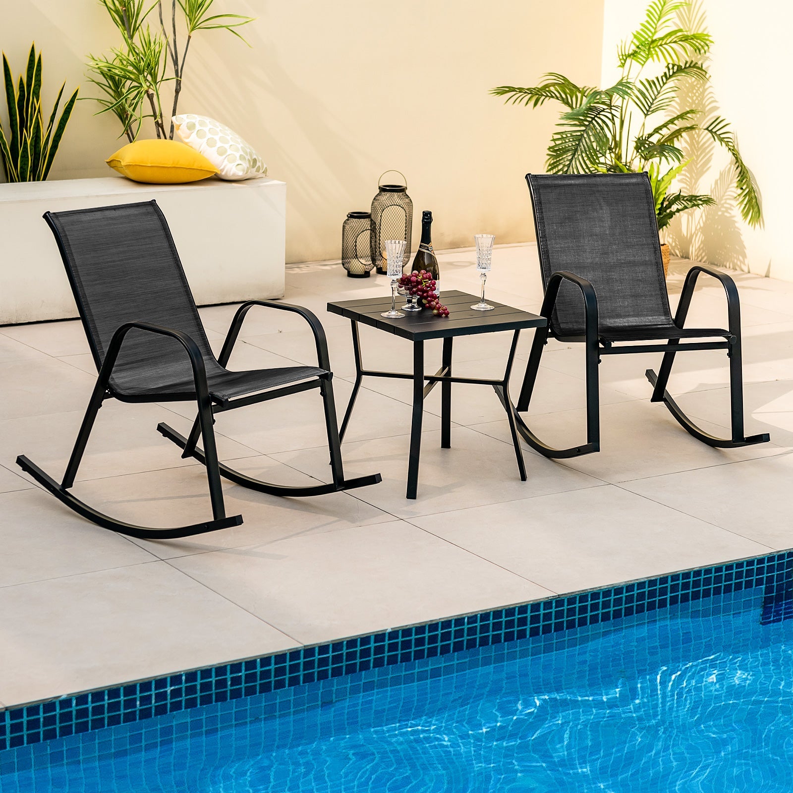 Set of 2 Metal Patio Rocking Chair with Breathable Seat Fabric