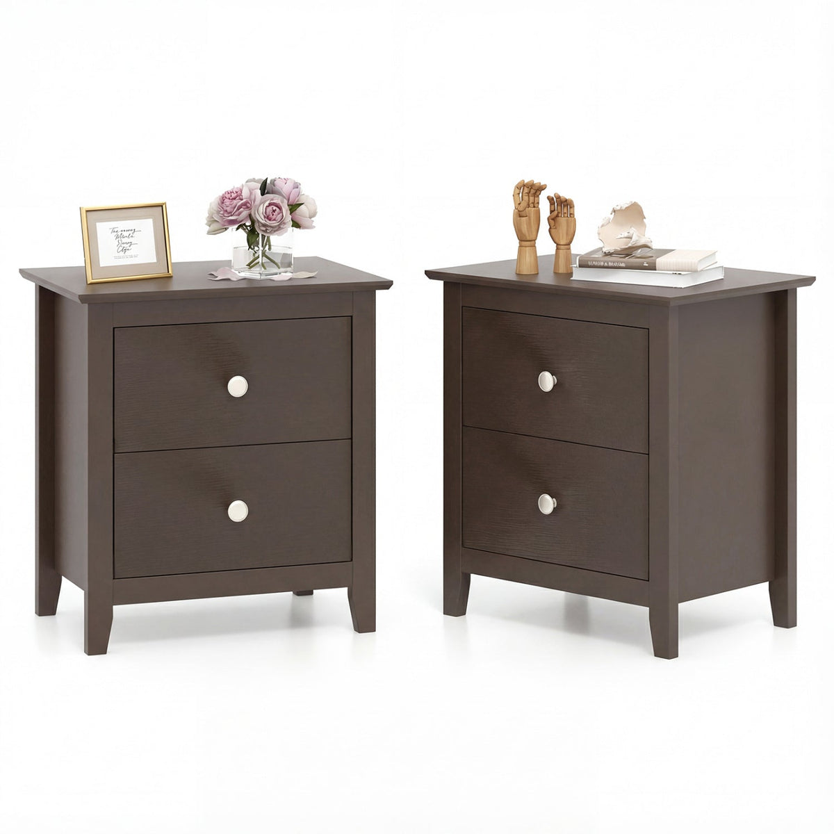 Set of 2 Modern Nightstand with two Drawers for Small Spaces-Rustic Brown