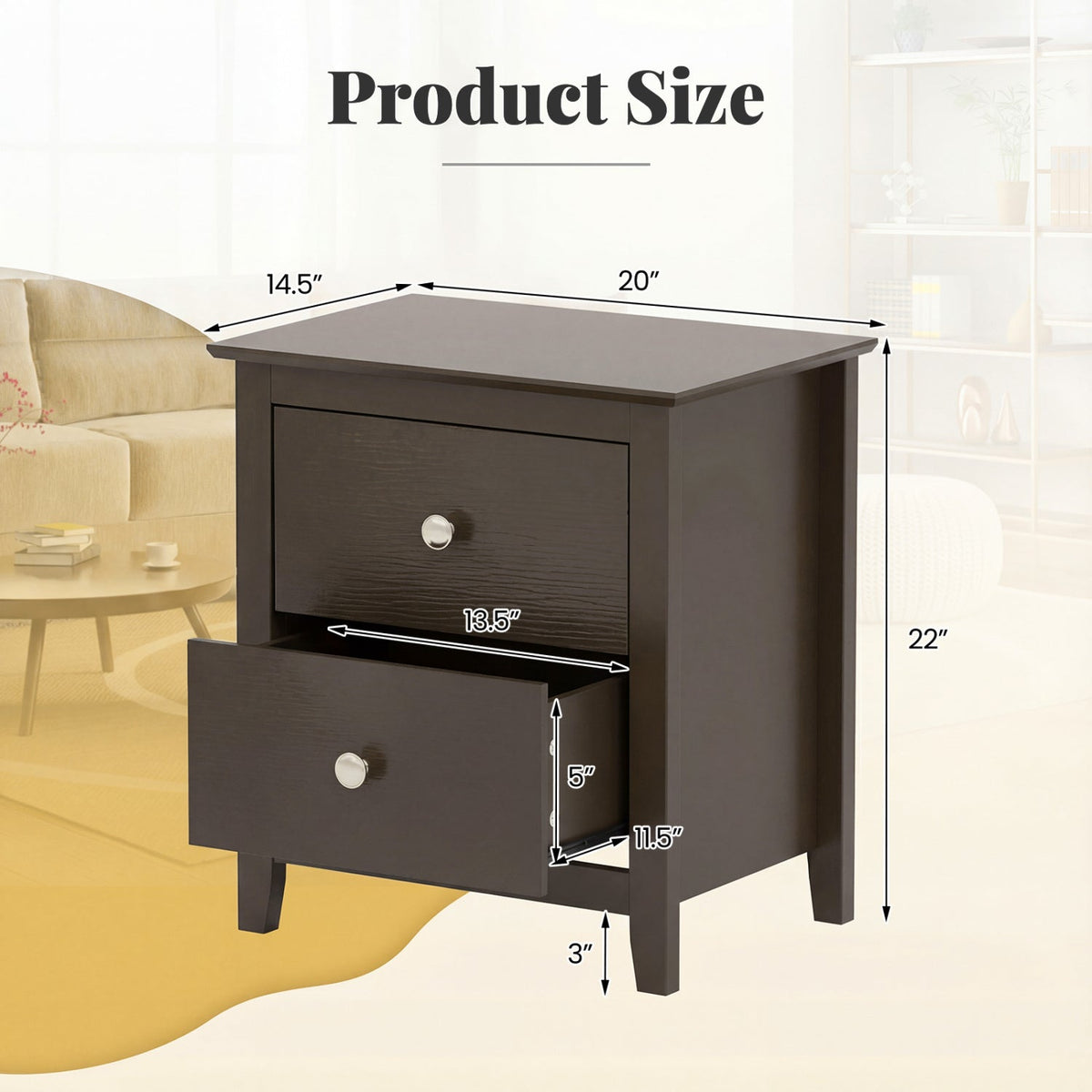 Set of 2 Modern Nightstand with two Drawers for Small Spaces-Rustic Brown