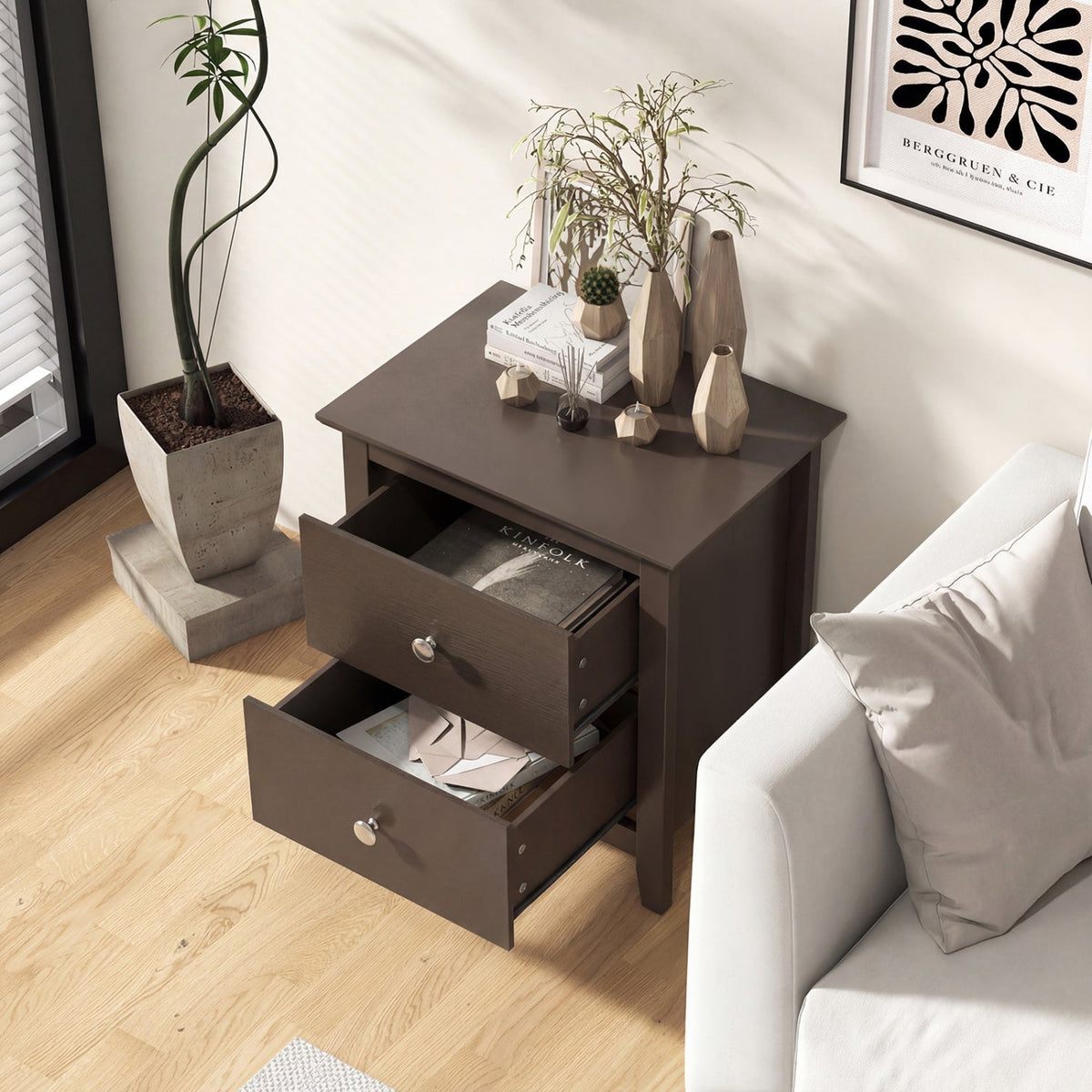 Set of 2 Modern Nightstand with two Drawers for Small Spaces-Rustic Brown