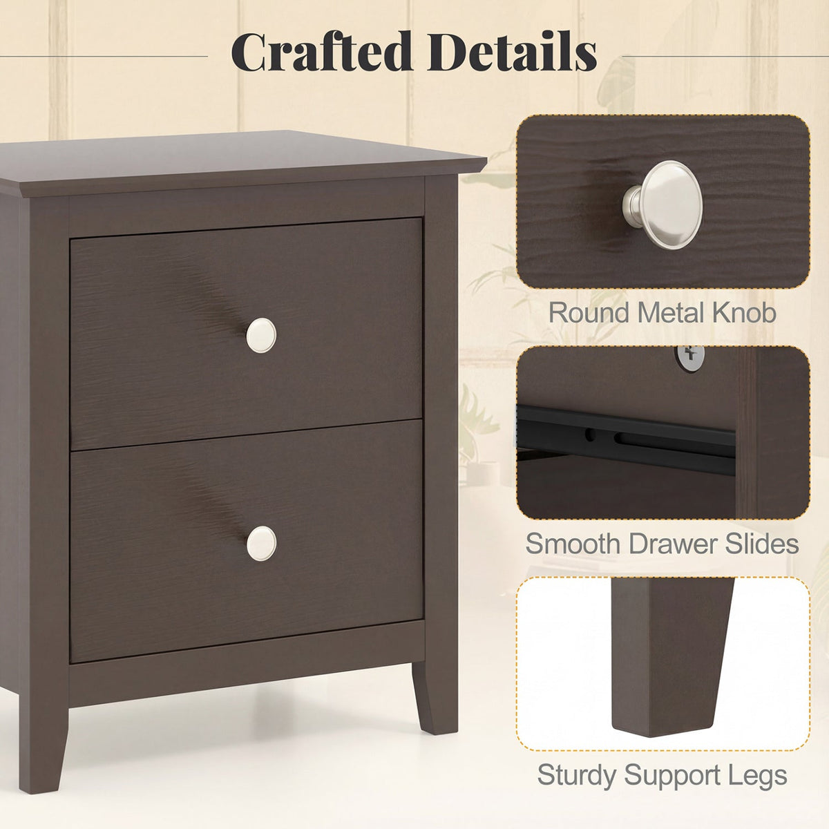 Set of 2 Modern Nightstand with two Drawers for Small Spaces-Rustic Brown