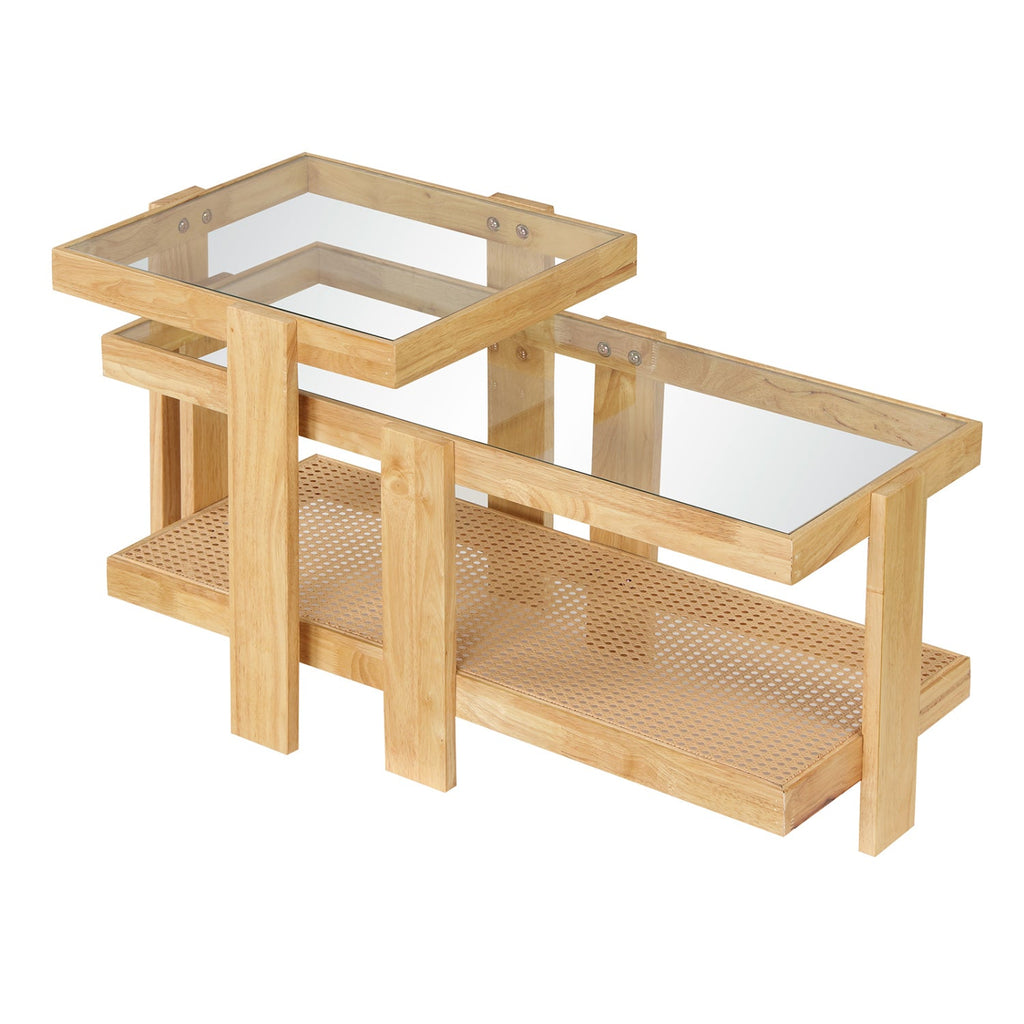 Nesting Coffee Tables Set of 2 with Rattan Shelf - Natural