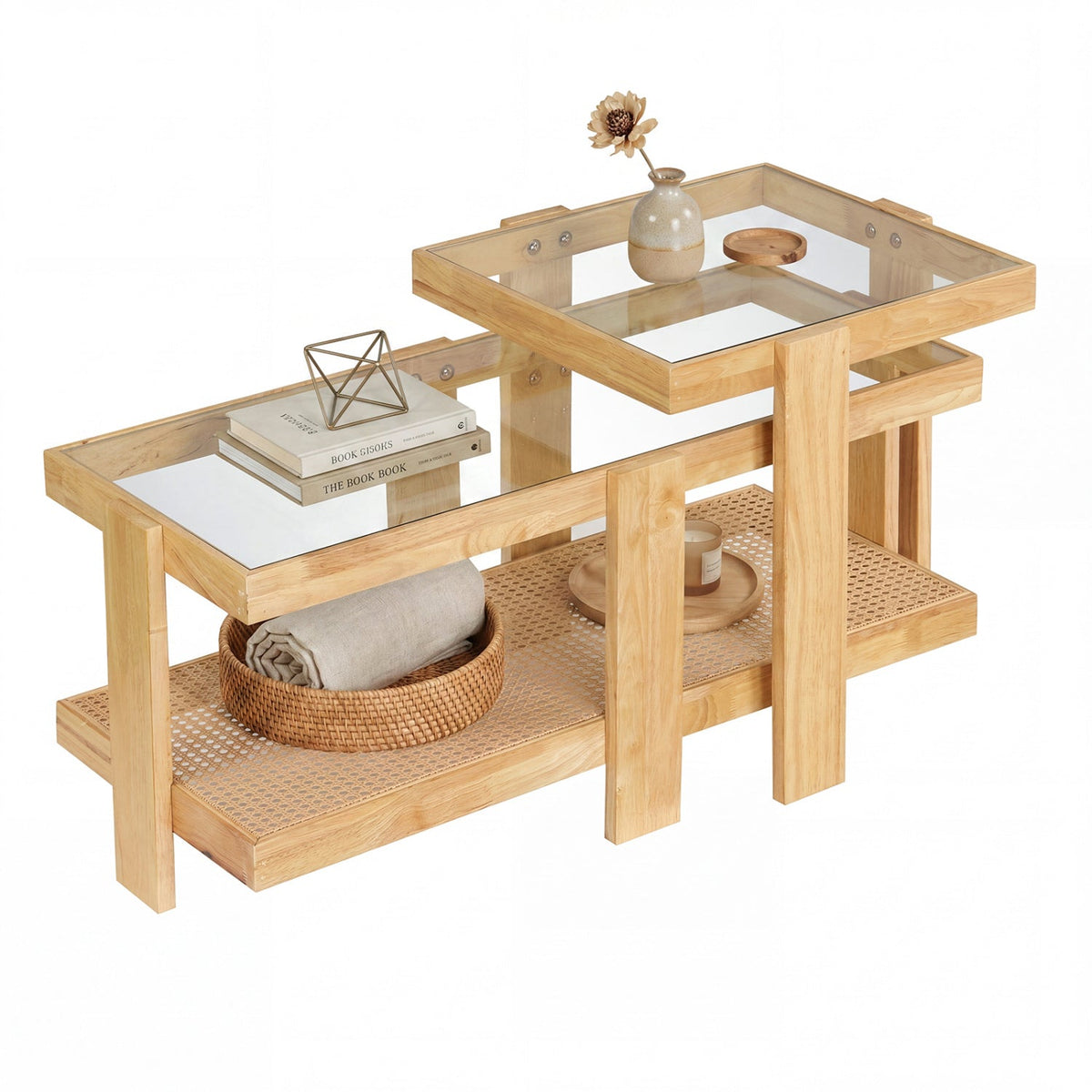 Nesting Coffee Tables Set of 2 with Rattan Shelf - Natural