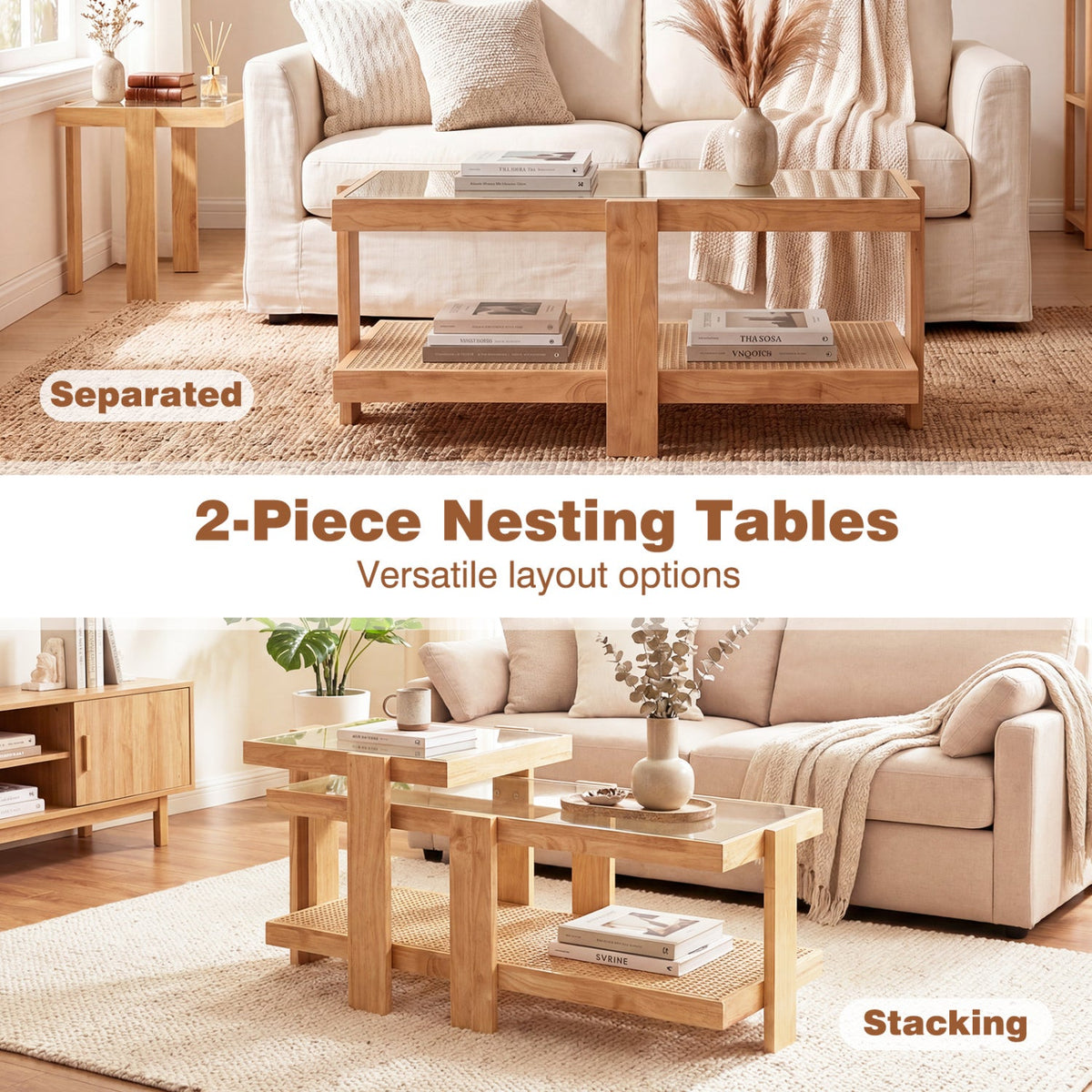 Nesting Coffee Tables Set of 2 with Rattan Shelf - Natural